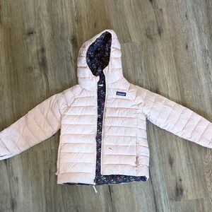 Patagonia Light Pink Hooded Puffer Jacket with Floral Lining